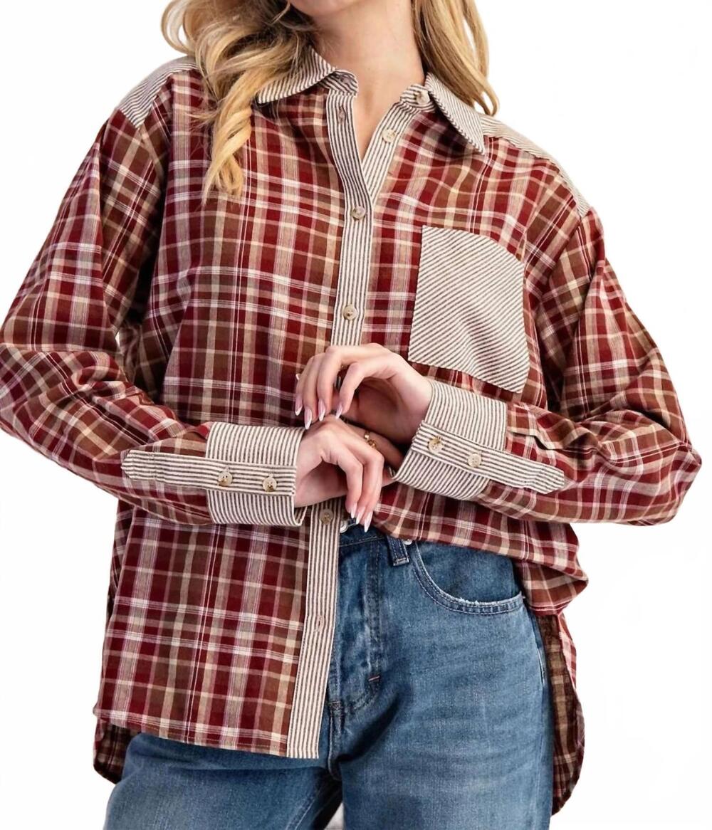 NEW EE:SOME women's striped color block long sleeve flannel top in red